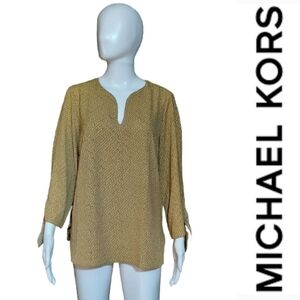 Michael Kors Chain Print Split Neck Tie Sleeve Blouse In Dark Camel